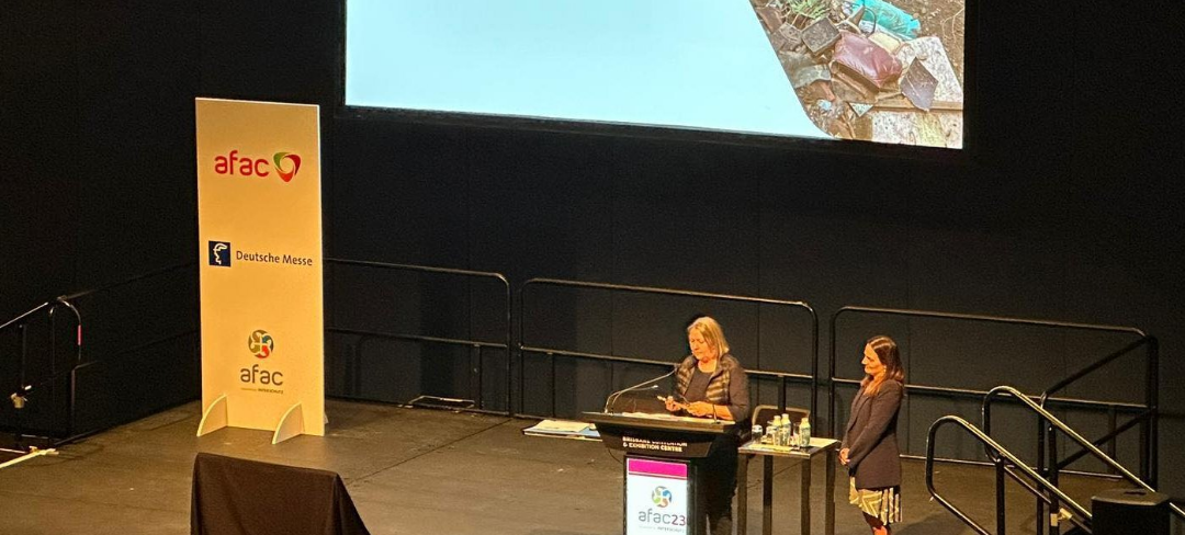 A photo of A/Prof Mel Taylor and Dr Kat Haynes presenting post-flood research at AFAC23.