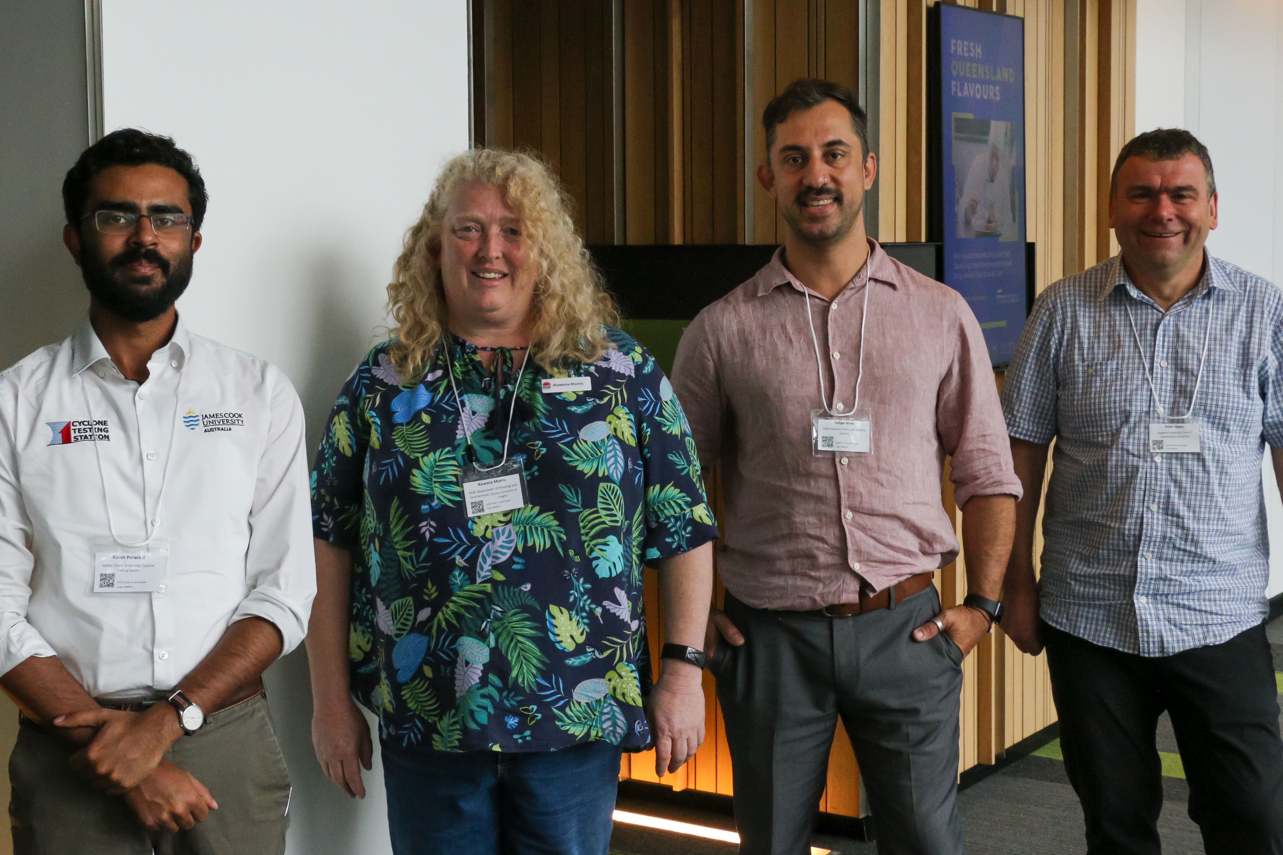 Members of the CRC’s postgraduate program meeting at the Natural Hazards Research Forum in Brisbane, October 2022: (from left to right) Dr Korah Parackal, Dr Rowena Morris, Dr Felipe Aires and Dr Peter Hayes.