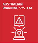 A graphic tile saying 'Australian Warning System' with an image of a siren and caution sign